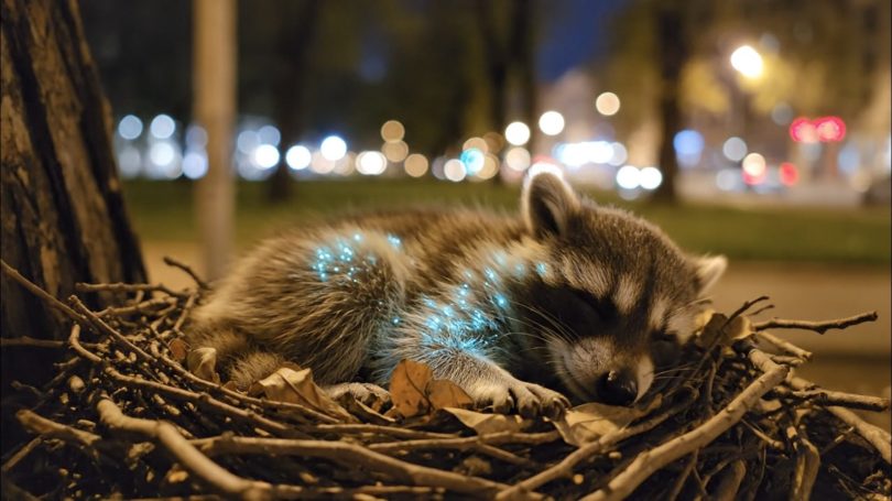 Bioluminescent Raccoon kit A sleeping raccoon curled up in a nest at night.