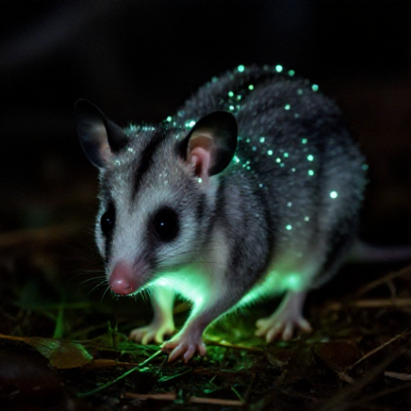 Possum with bioluminescent fur Baby Possum with green bioluminescent fur fibers.